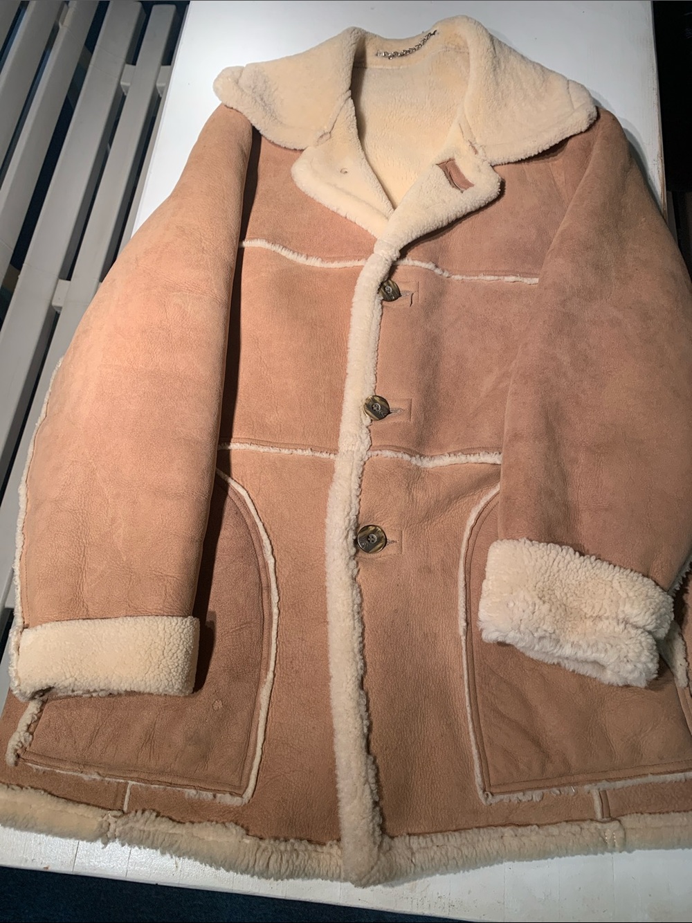 Men's Shearling Suede Pea Coat - Tan with Cream Trim